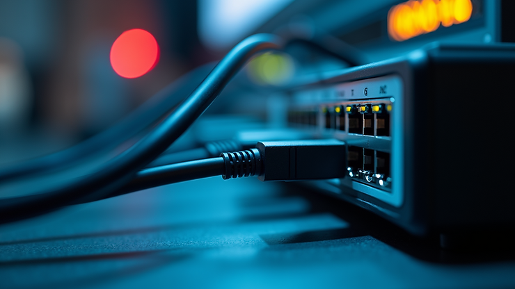 Close-up of a network router with connected cables